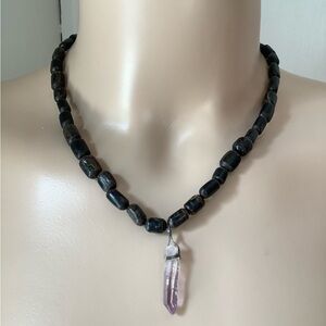 Vintage Necklace Wood Beads Faux Crystal